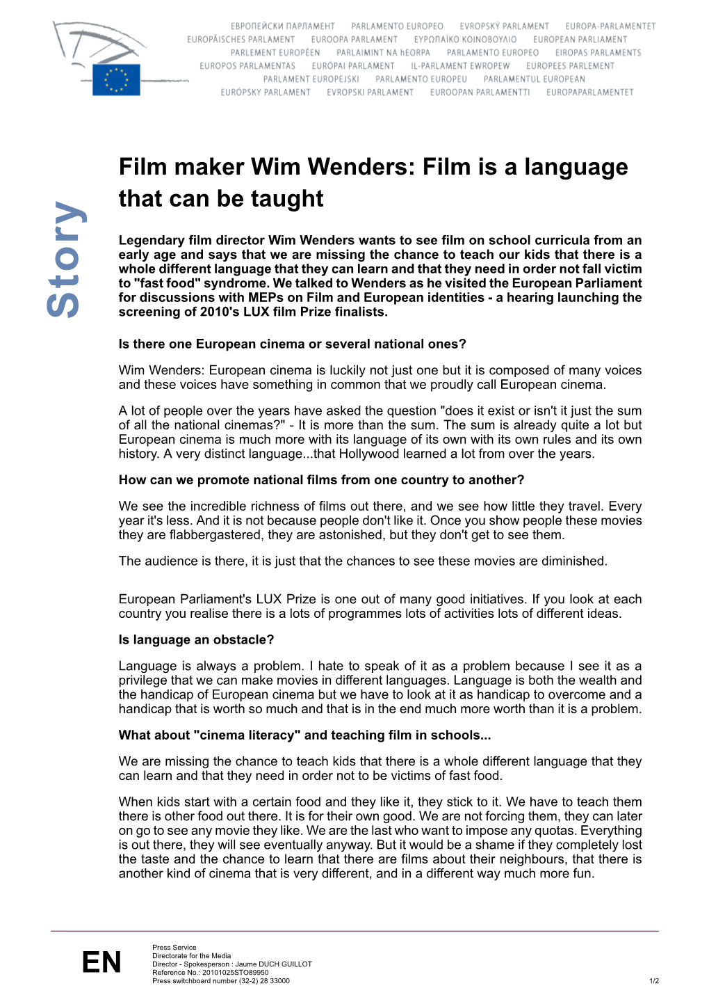 Film Maker Wim Wenders: Film Is a Language That Can Be Taught