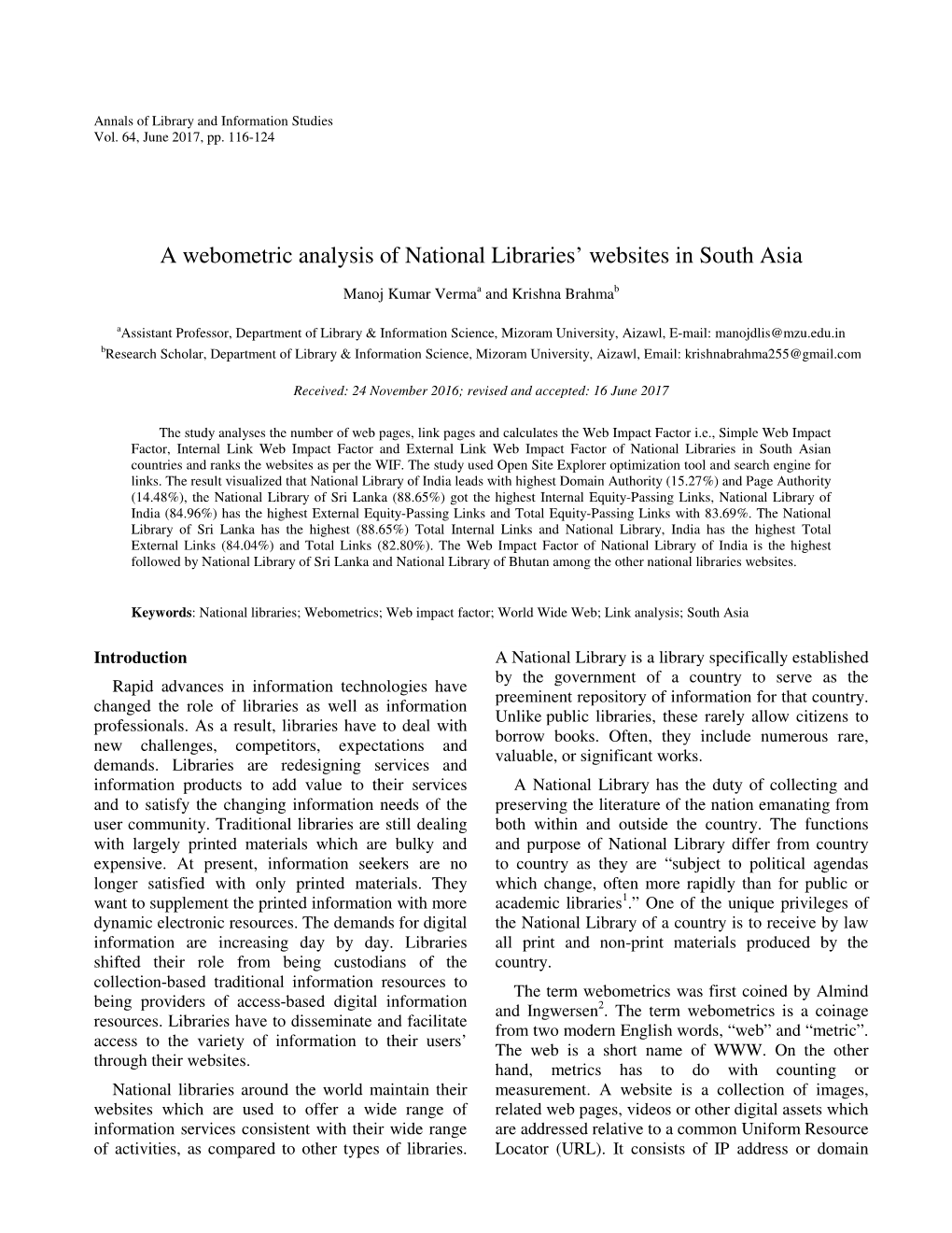 A Webometric Analysis of National Libraries' Websites in South Asia