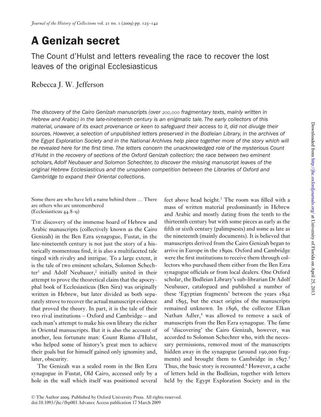 A Genizah Secret the Count D’Hulst and Letters Revealing the Race to Recover the Lost Leaves of the Original Ecclesiasticus