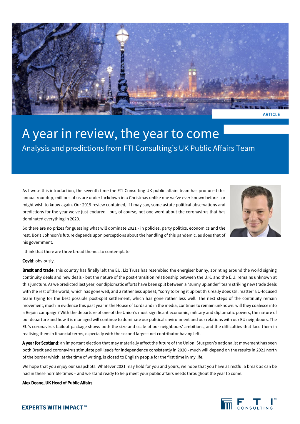 A Year in Review, the Year to Come Analysis and Predictions from FTI Consulting’S UK Public Affairs Team