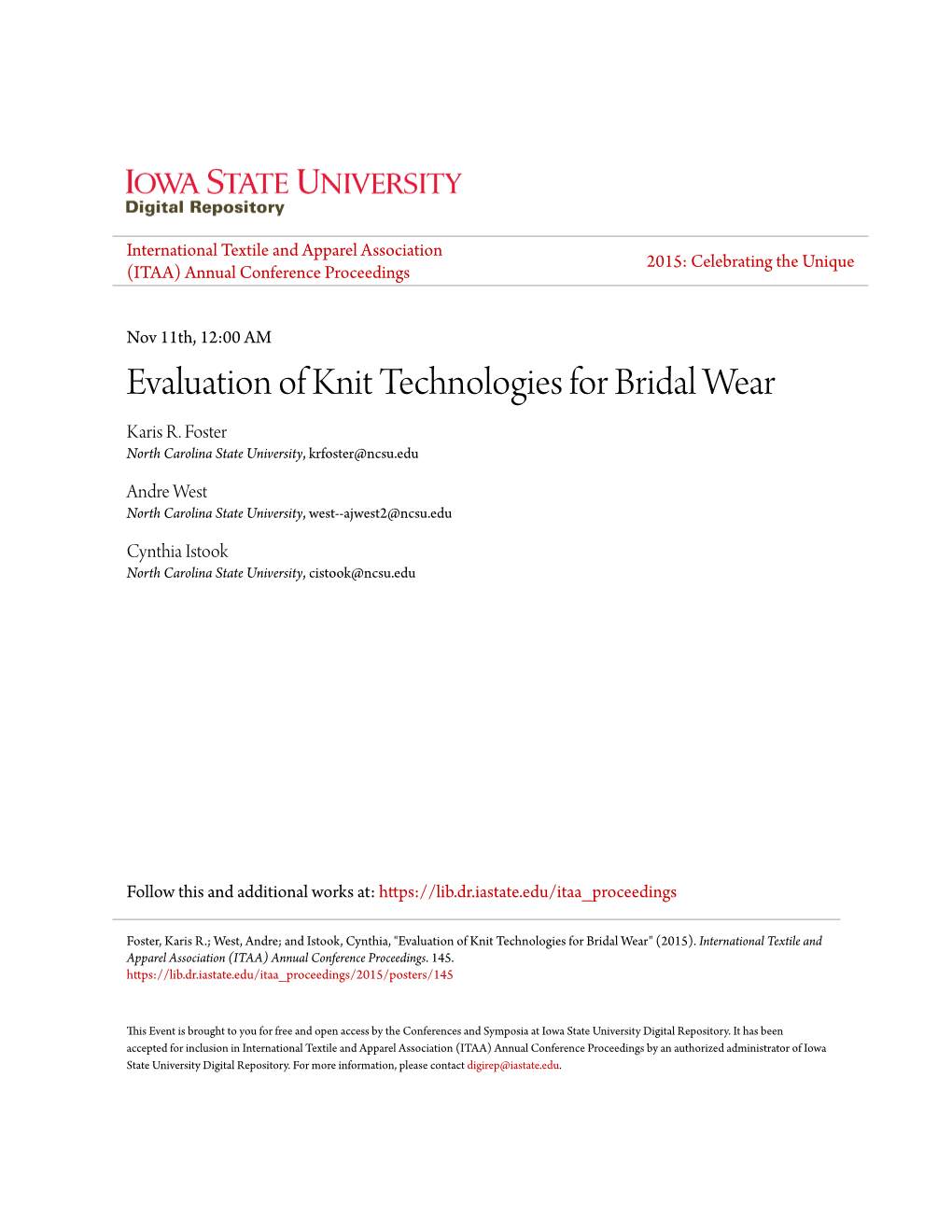 Evaluation of Knit Technologies for Bridal Wear Karis R