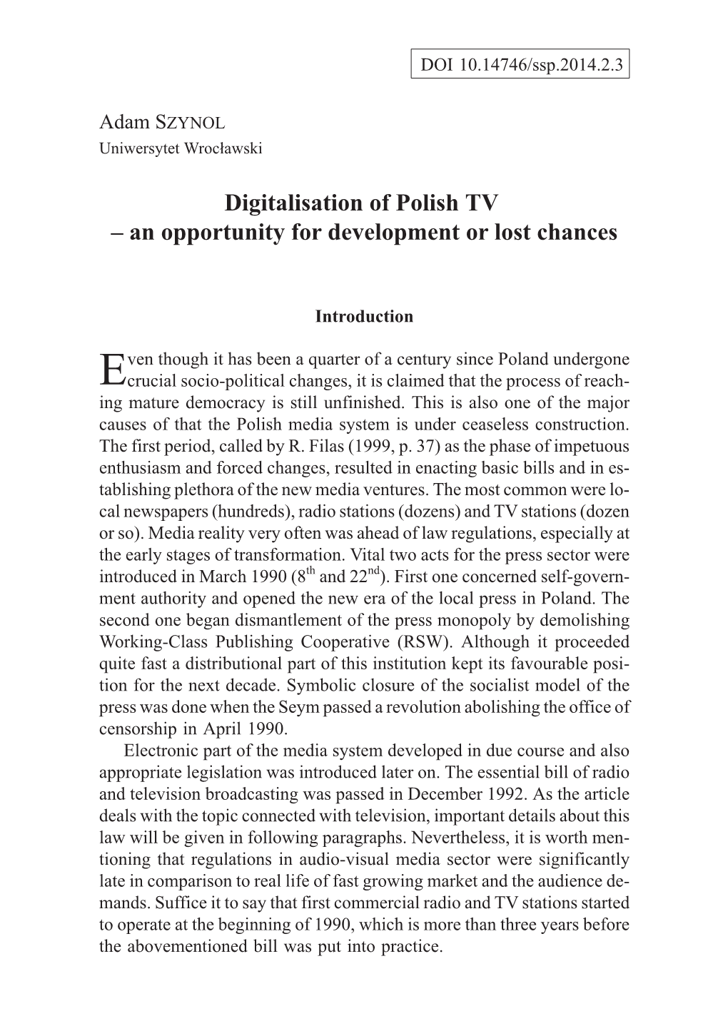 Digitalisation of Polish TV – an Opportunity for Development Or Lost Chances