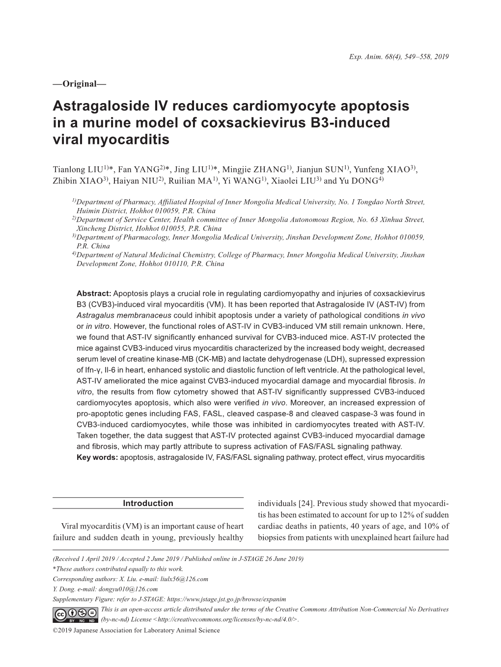 Astragaloside IV Reduces Cardiomyocyte Apoptosis in a Murine Model of Coxsackievirus B3-Induced Viral Myocarditis