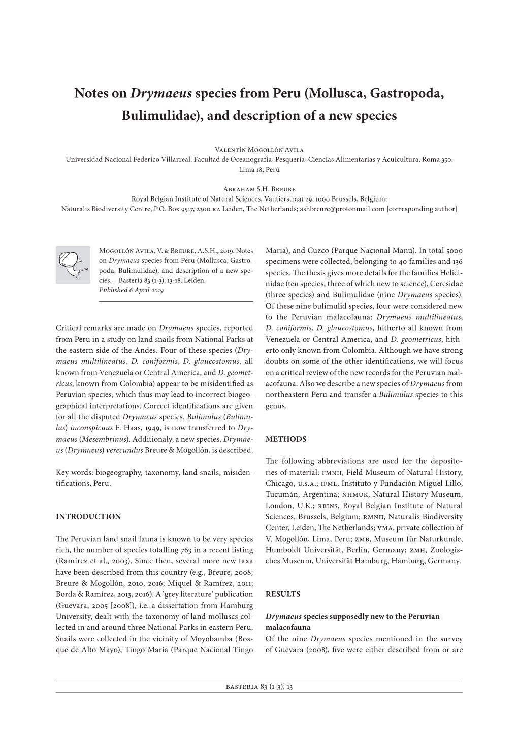 Notes on Drymaeus Species from Peru (Mollusca, Gastropoda, Bulimulidae), and Description of a New Species