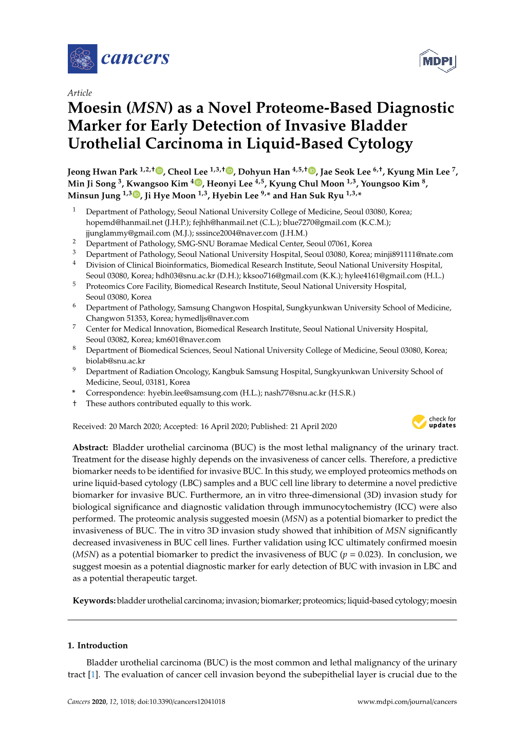 Moesin (MSN) As a Novel Proteome-Based Diagnostic Marker for Early Detection of Invasive Bladder Urothelial Carcinoma in Liquid-Based Cytology