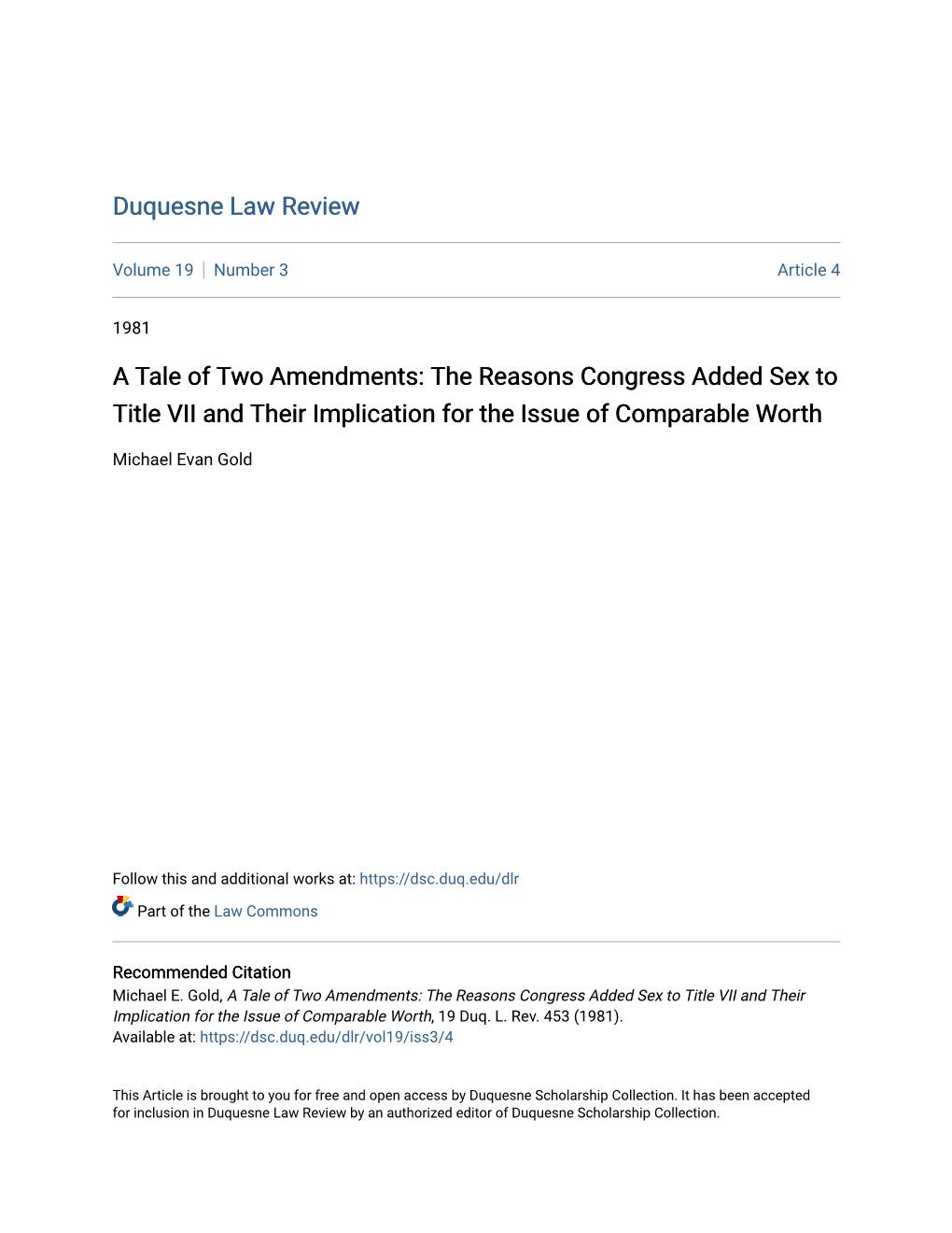 The Reasons Congress Added Sex to Title VII and Their Implication for the Issue of Comparable Worth