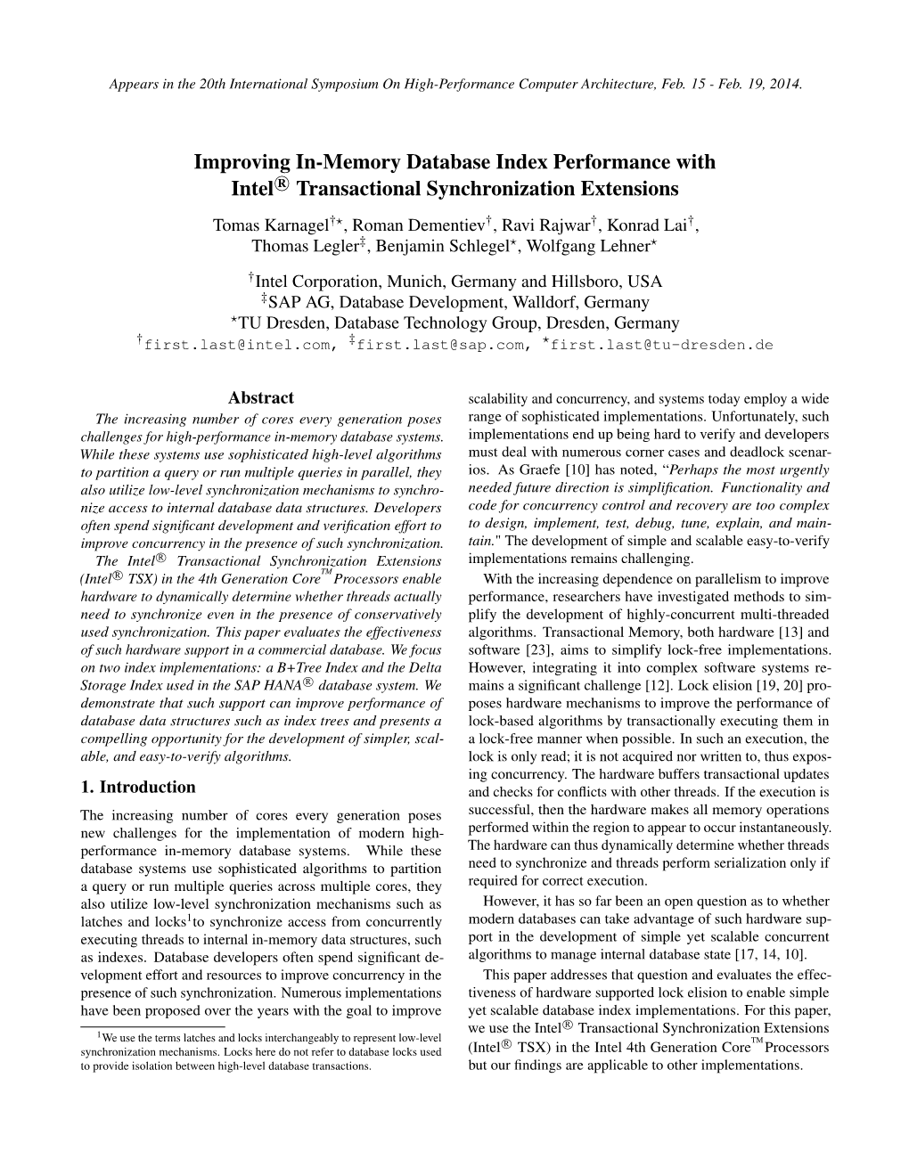 Improving In-Memory Database Index Performance with Intel R