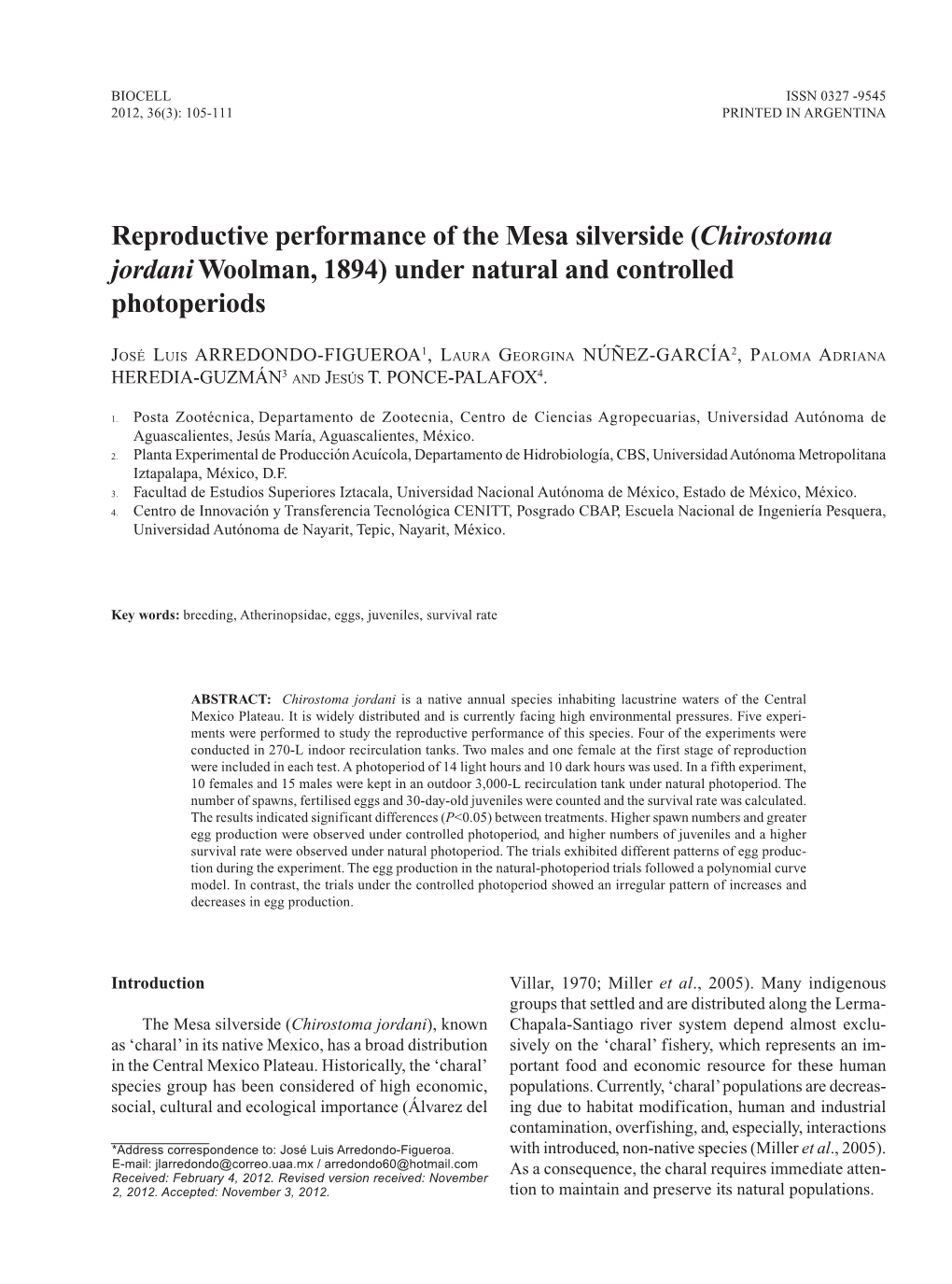 Reproductive Performance of the Mesa Silverside (Chirostoma Jordani Woolman, 1894) Under Natural and Controlled Photoperiods