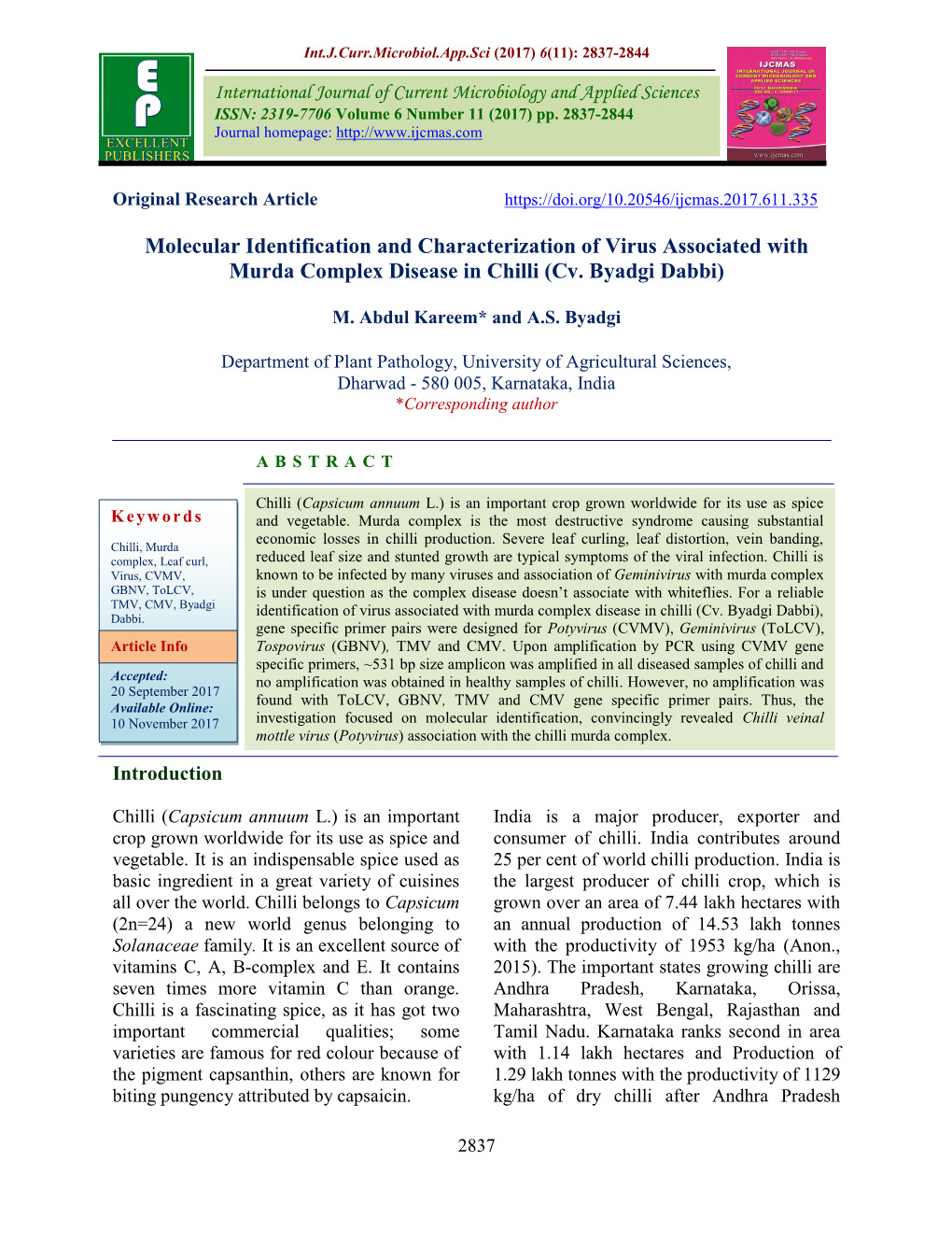 Molecular Identification and Characterization of Virus Associated with Murda Complex Disease in Chilli (Cv. Byadgi Dabbi)