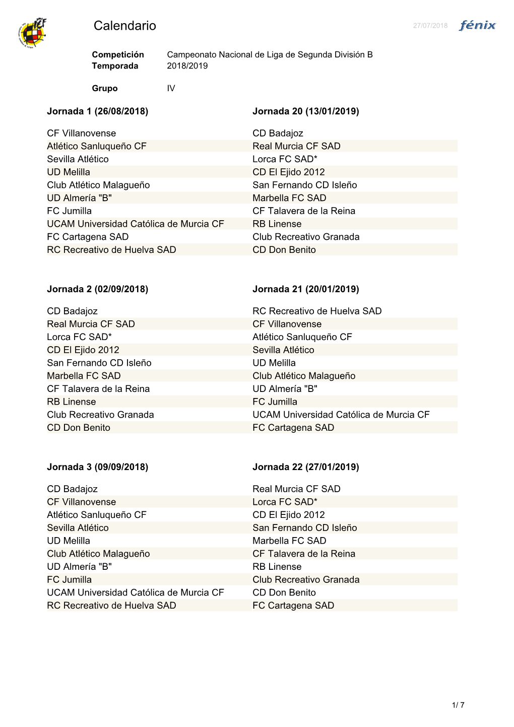 Calendario 27/07/2018