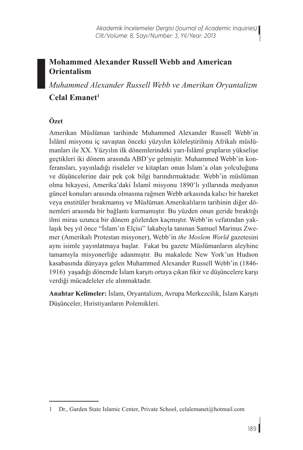 Mohammed Alexander Russell Webb and American Orientalism Muhammed Alexander Russell Webb Ve Amerikan Oryantalizm Celal Emanet1