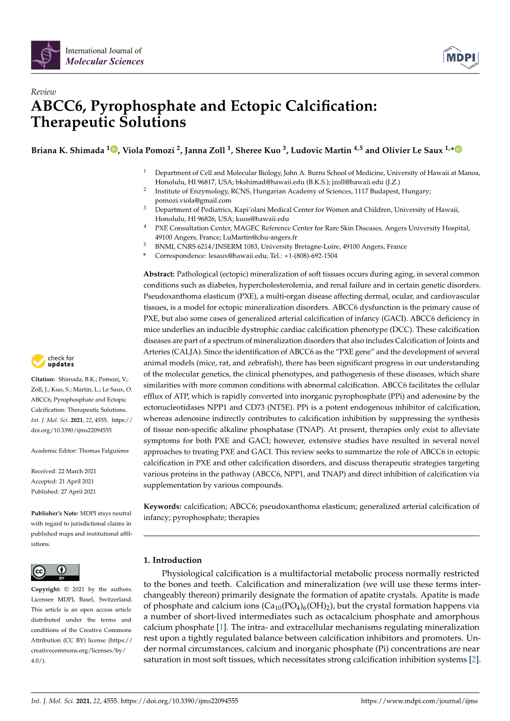 ABCC6, Pyrophosphate and Ectopic Calcification