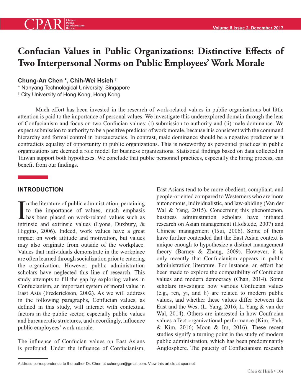 Confucian Values in Public Organizations: Distinctive Effects of Two Interpersonal Norms on Public Employees' Work Morale