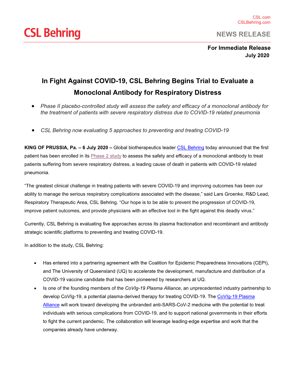 NEWS RELEASE in Fight Against COVID-19, CSL Behring Begins Trial to Evaluate a Monoclonal Antibody for Respiratory Distress