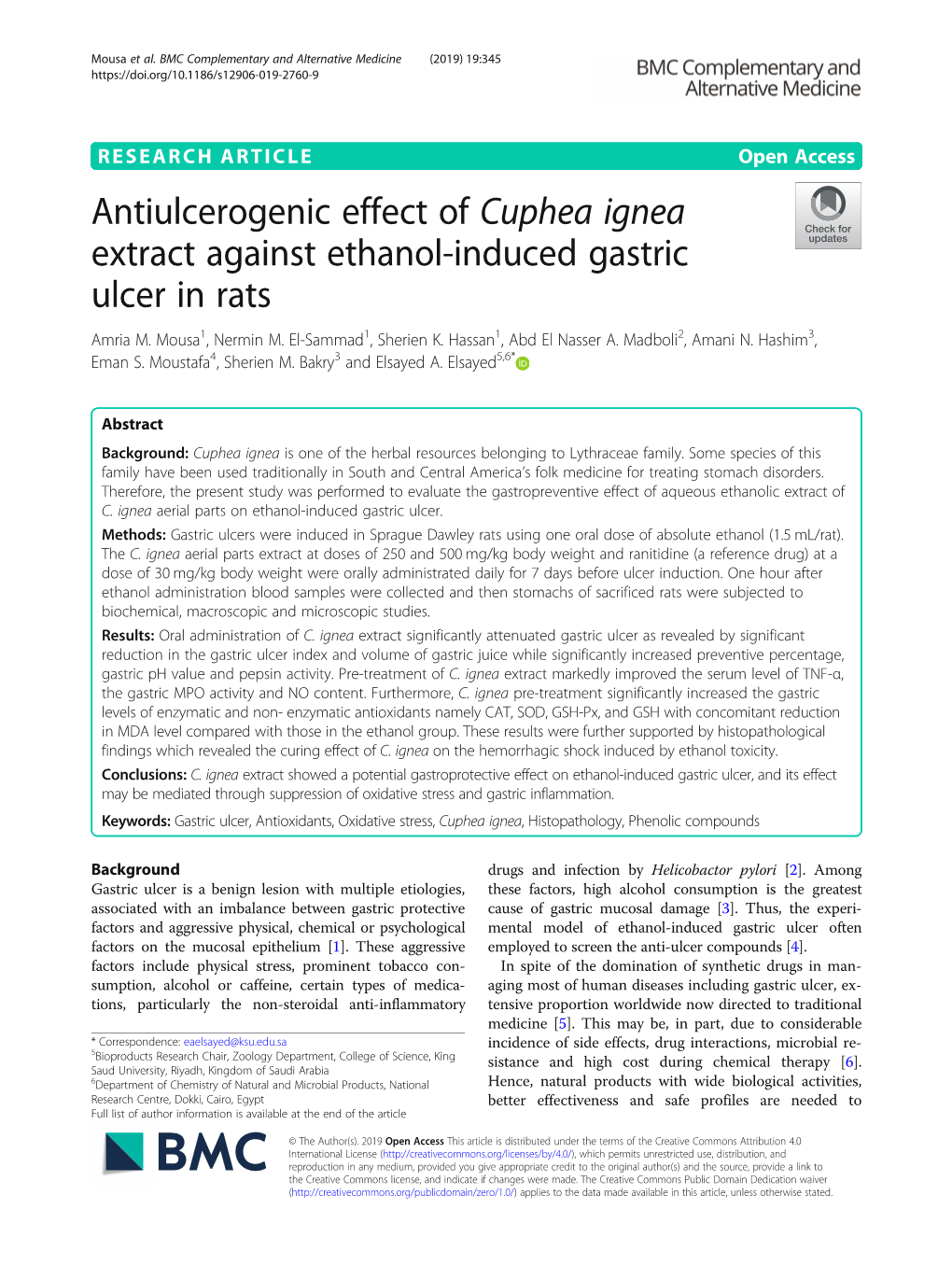 Antiulcerogenic Effect of Cuphea Ignea Extract Against Ethanol-Induced Gastric Ulcer in Rats Amria M