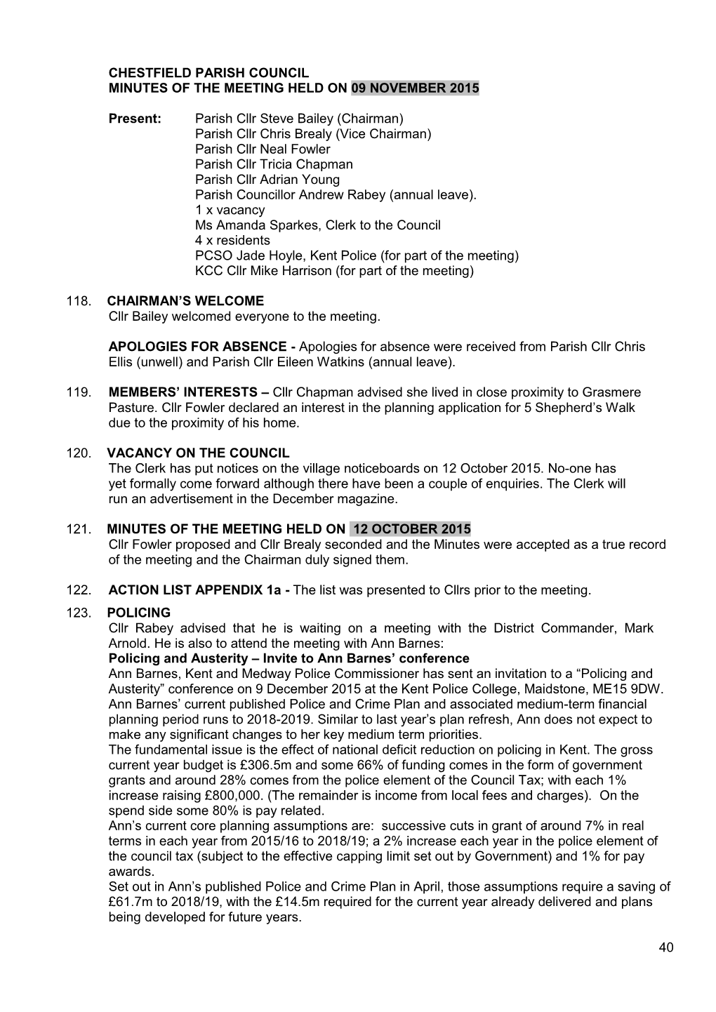 40 Chestfield Parish Council Minutes of the Meeting Held