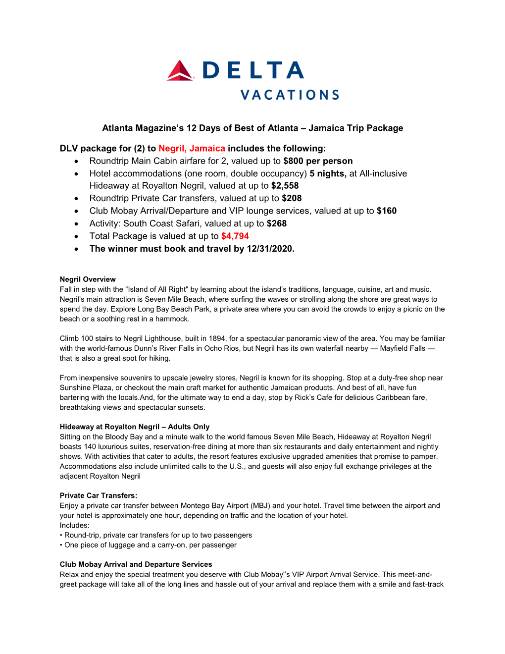 Jamaica Trip Package DLV Package