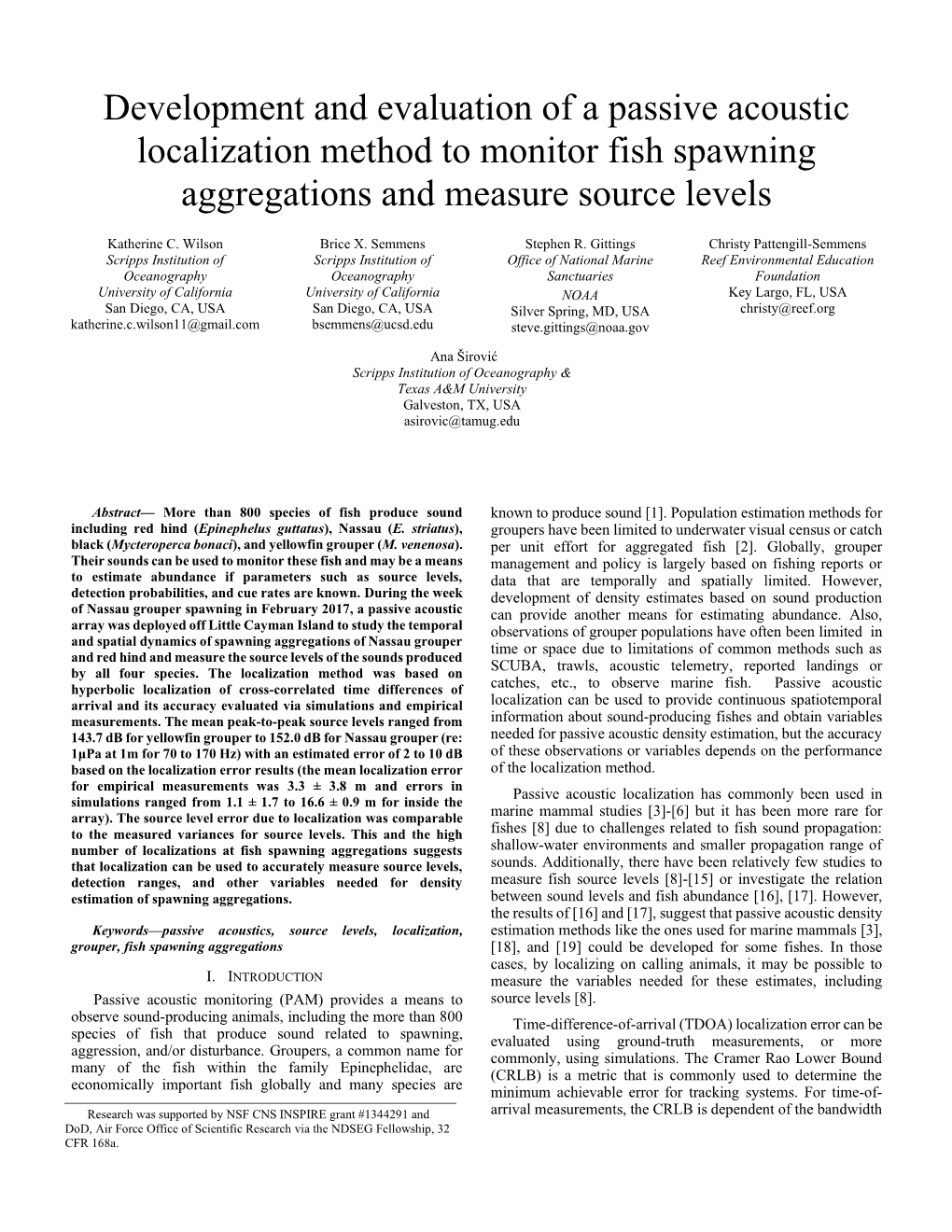 Development and Evaluation of a Passive Acoustic Localization Method to Monitor Fish Spawning Aggregations and Measure Source Levels