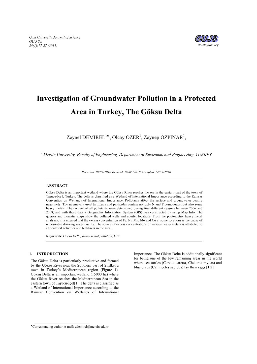 Investigation of Groundwater Pollution in a Protected Area in Turkey, the Göksu Delta