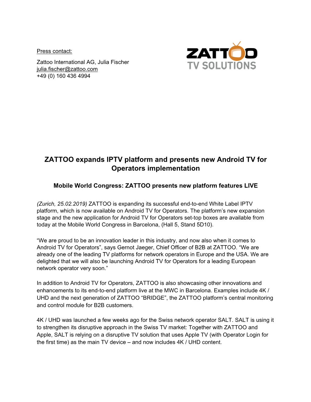 ZATTOO Expands IPTV Platform and Presents New Android TV for Operators Implementation