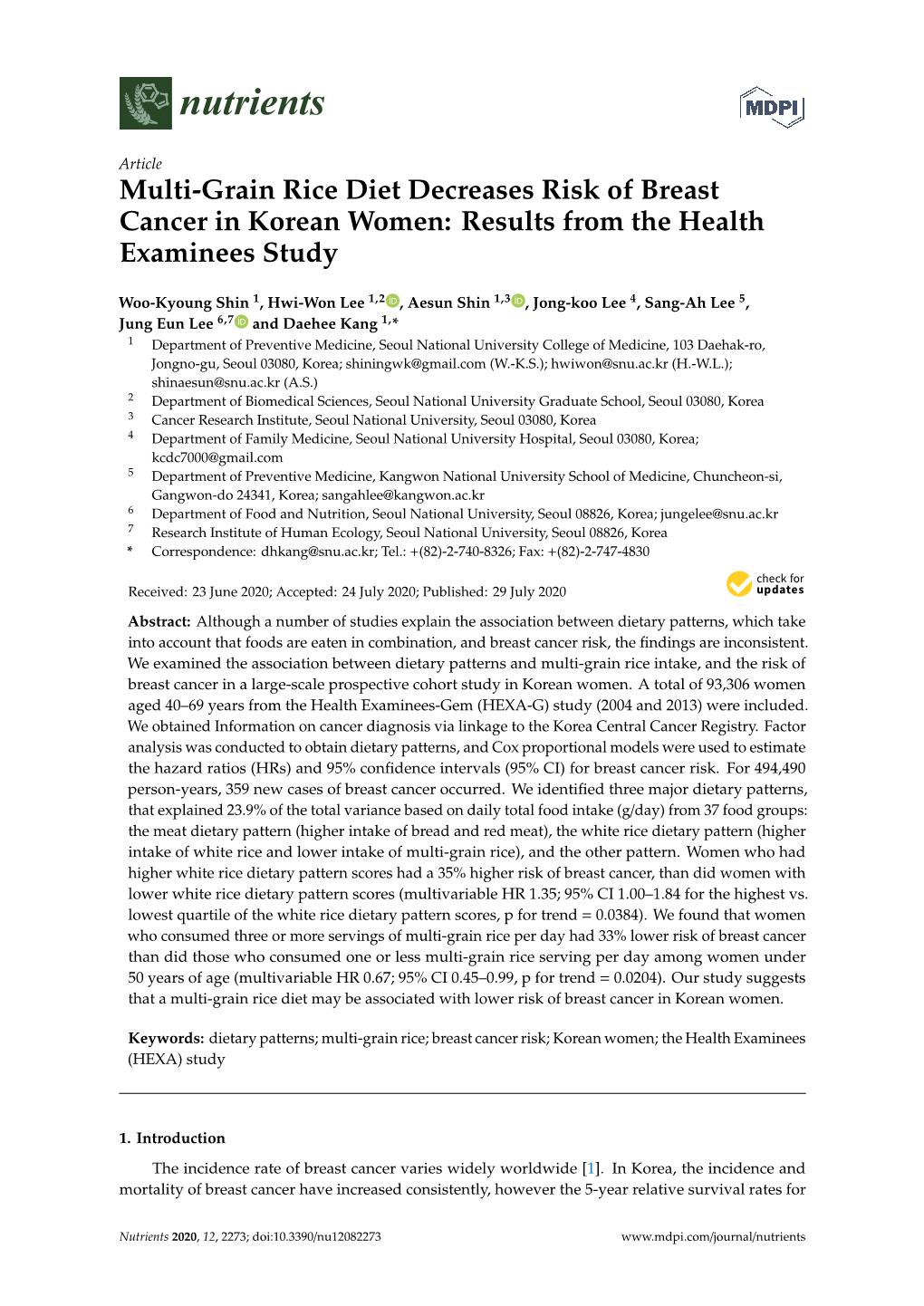 Multi-Grain Rice Diet Decreases Risk of Breast Cancer in Korean Women: Results from the Health Examinees Study