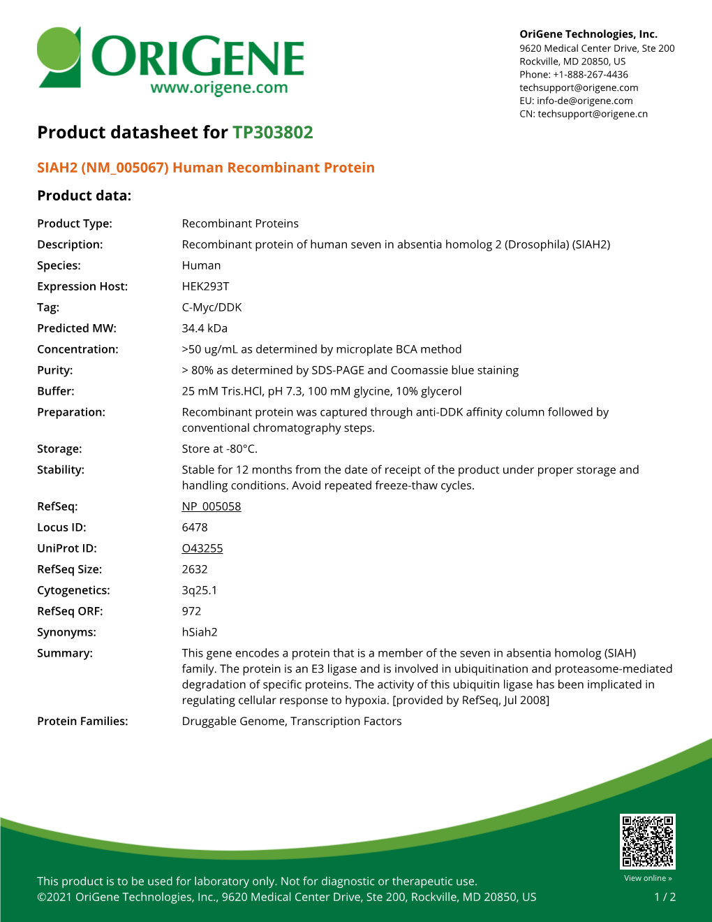 SIAH2 (NM 005067) Human Recombinant Protein Product Data