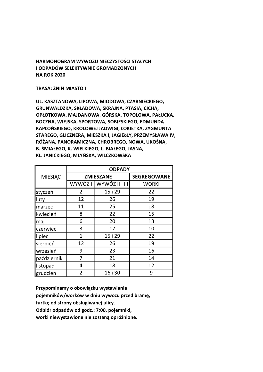 WYWÓZ I WYWÓZ II I III Styczeń 2 15 I 29 Luty 12 26 Marzec 11 25