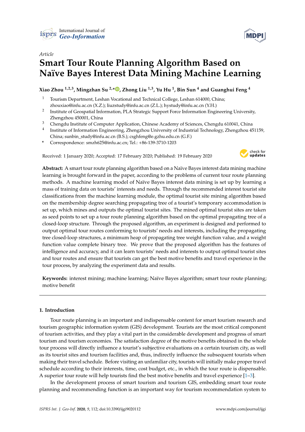 Smart Tour Route Planning Algorithm Based on Naïve Bayes Interest Data Mining Machine Learning