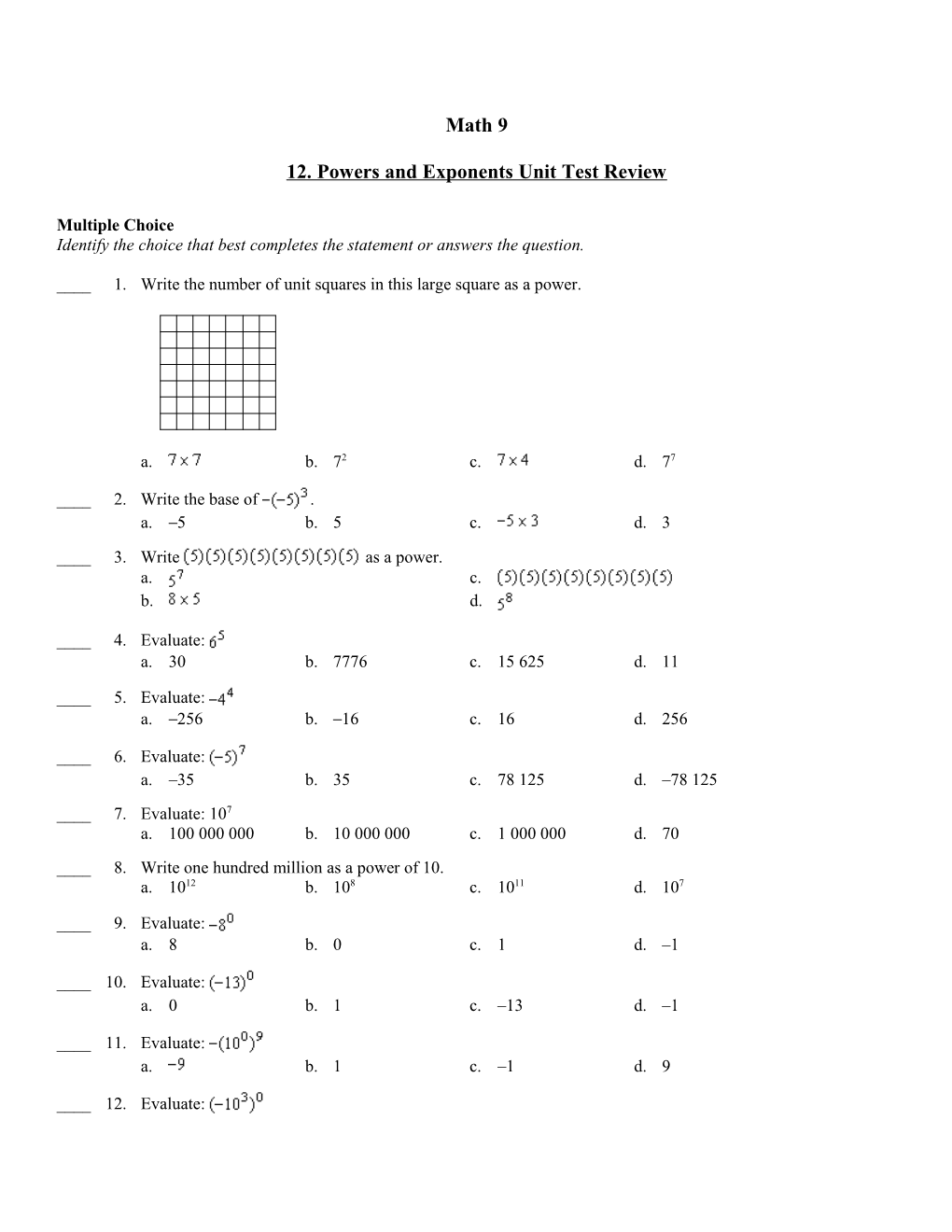 12. Powers and Exponents Unit Test Review