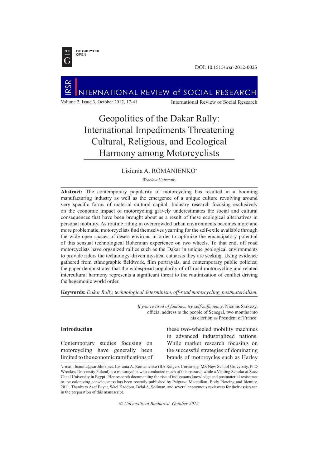 Geopolitics of the Dakar Rally: International Impediments Threatening Cultural, Religious, and Ecological Harmony Among Motorcyclists