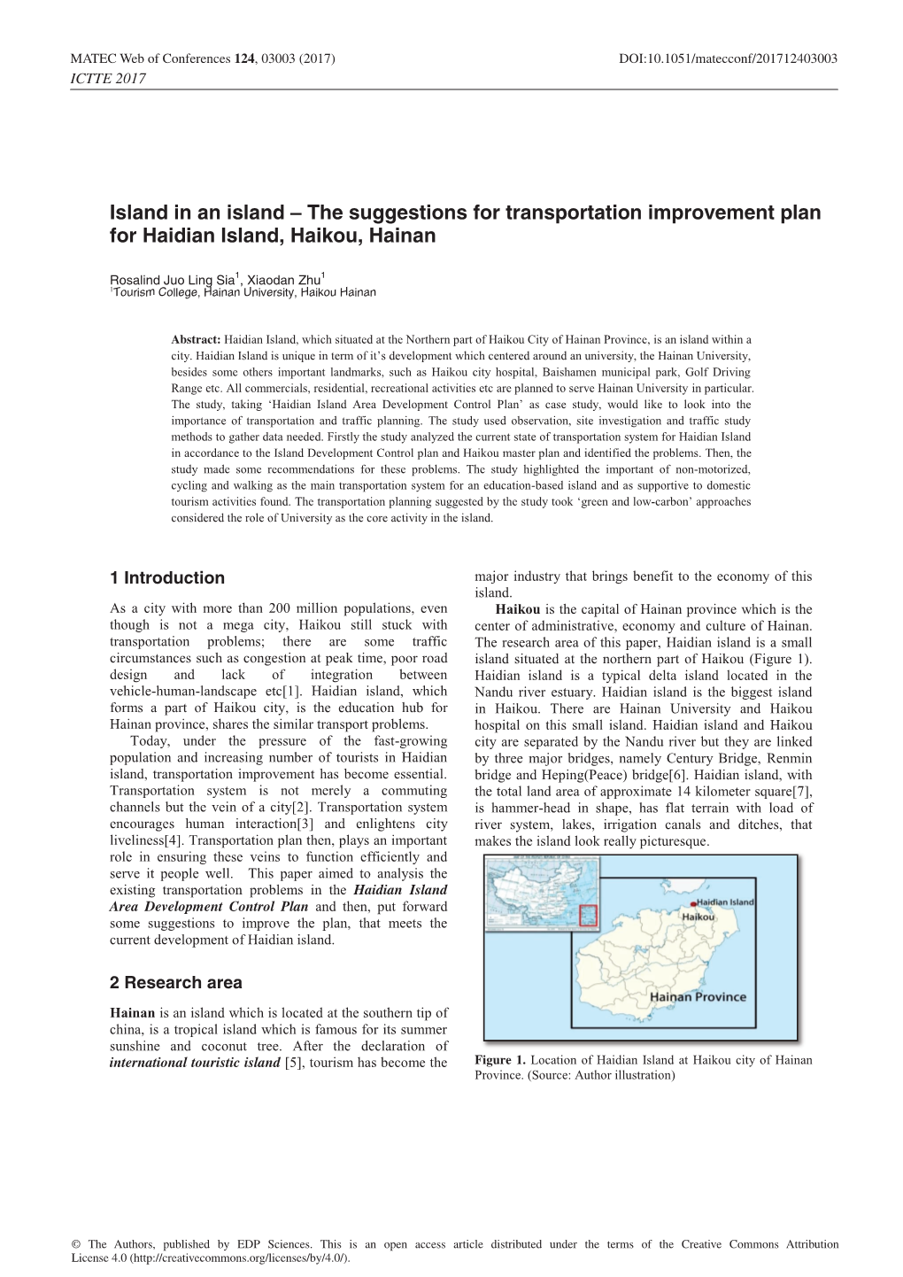 Island in an Island – the Suggestions for Transportation Improvement Plan for Haidian Island, Haikou, Hainan