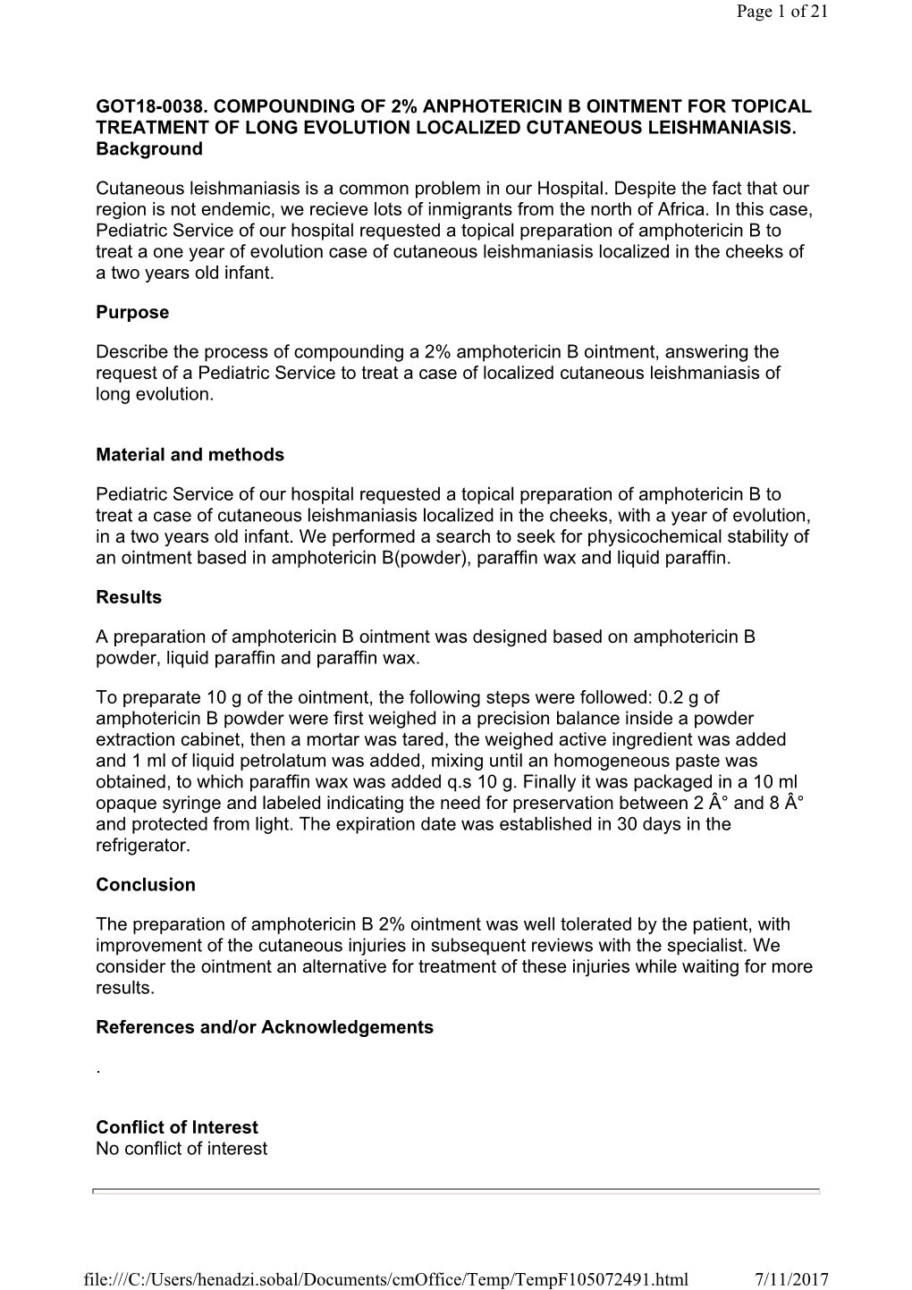 Got18-0038. Compounding of 2% Anphotericin B Ointment for Topical Treatment of Long Evolution Localized Cutaneous Leishmaniasis