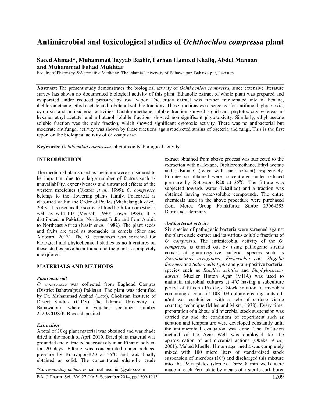 Antimicrobial and Toxicological Studies of Ochthochloa Compressa Plant