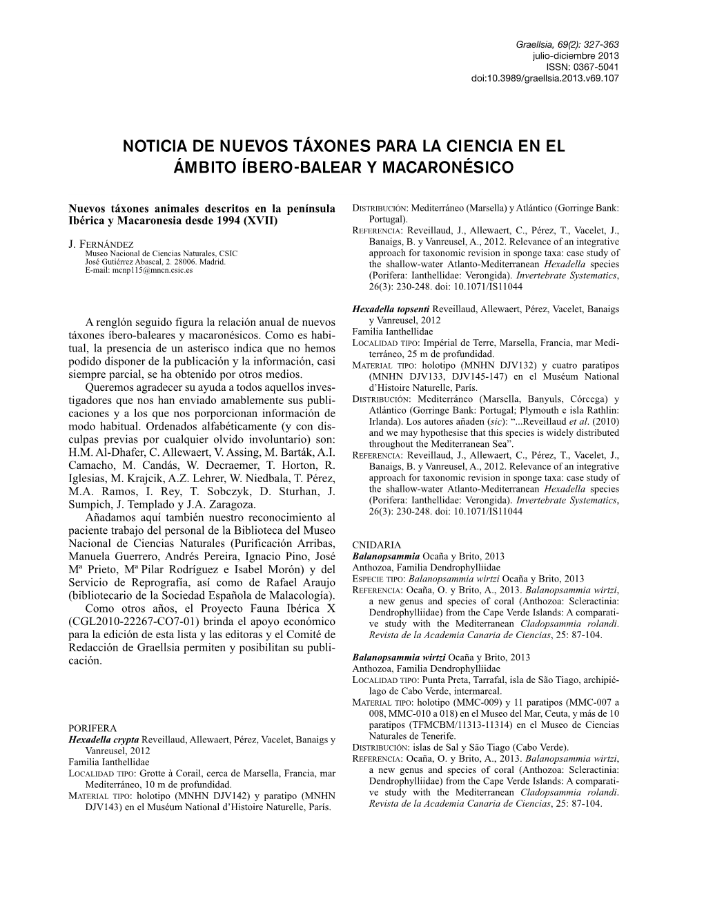 Nuevos Táxones Animales Descritos En La Península Ibérica Y Macaronesia Desde 1994 (XVII)