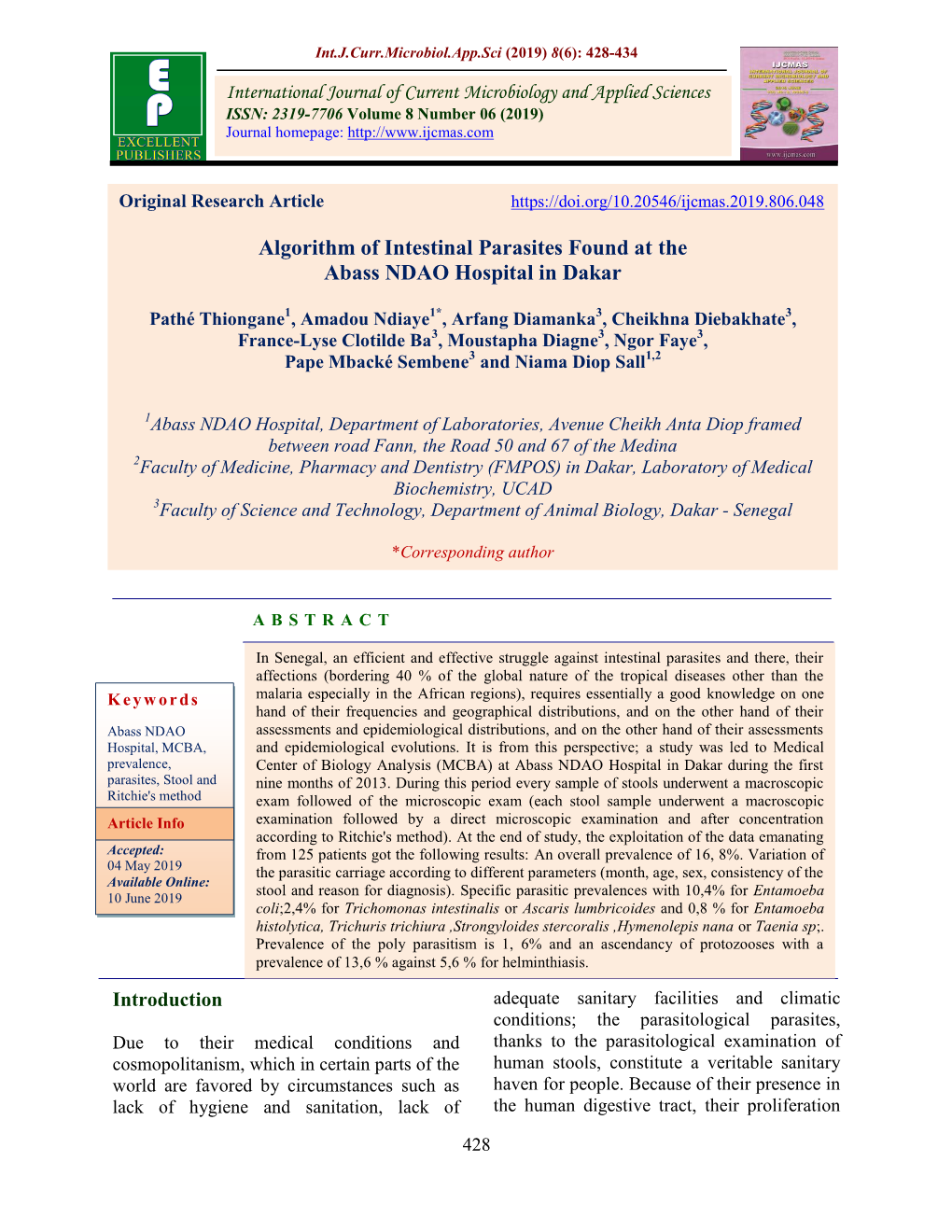 Algorithm of Intestinal Parasites Found at the Abass NDAO Hospital in Dakar