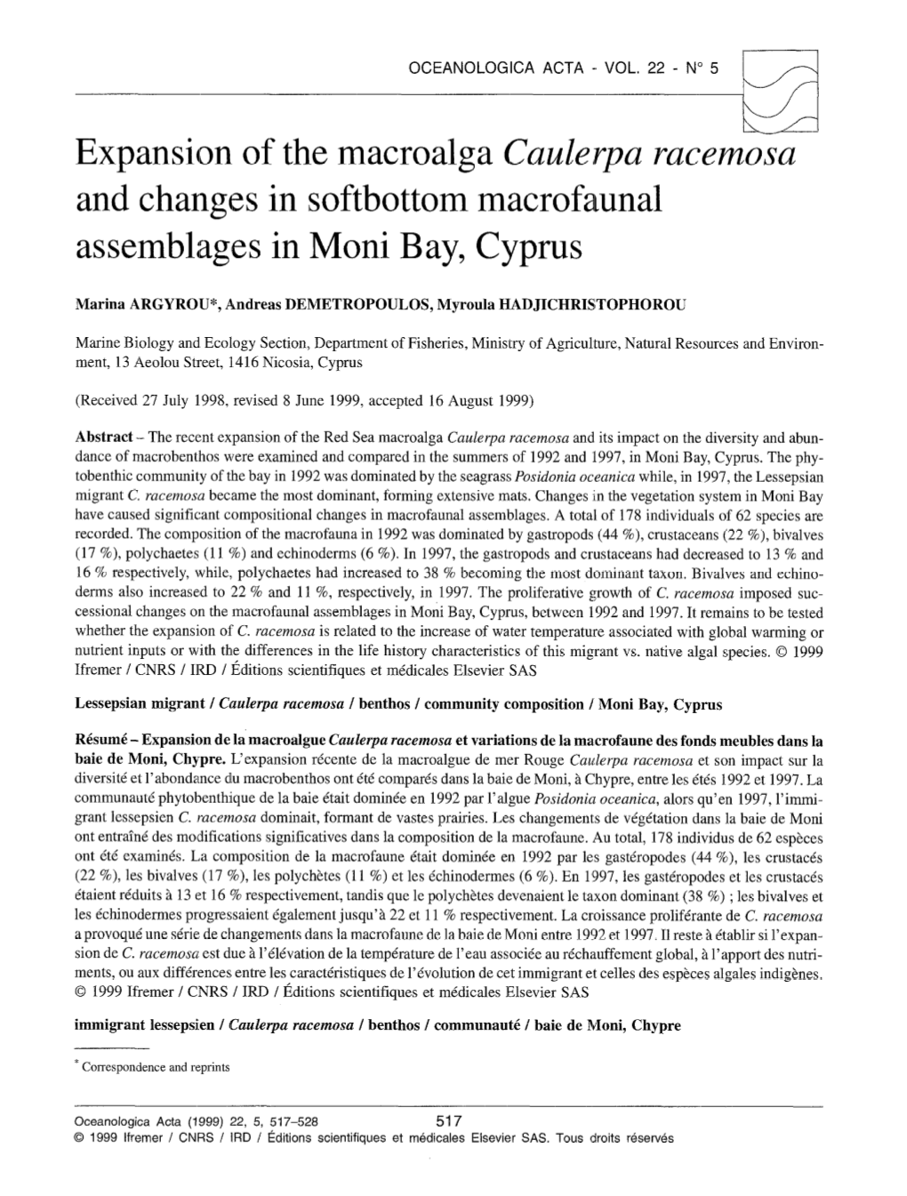 Expansion of the Macroalga Cadetpa Racemosa and Changes in Softbottom Macrofalunal Assemblages in Moni Bay, Cyprus