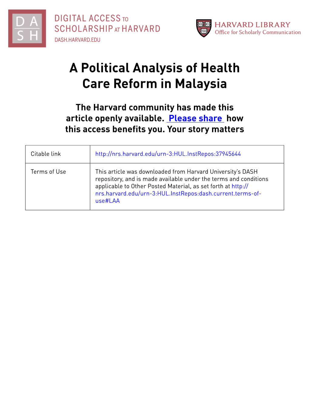 A Political Analysis of Health Care Reform in Malaysia