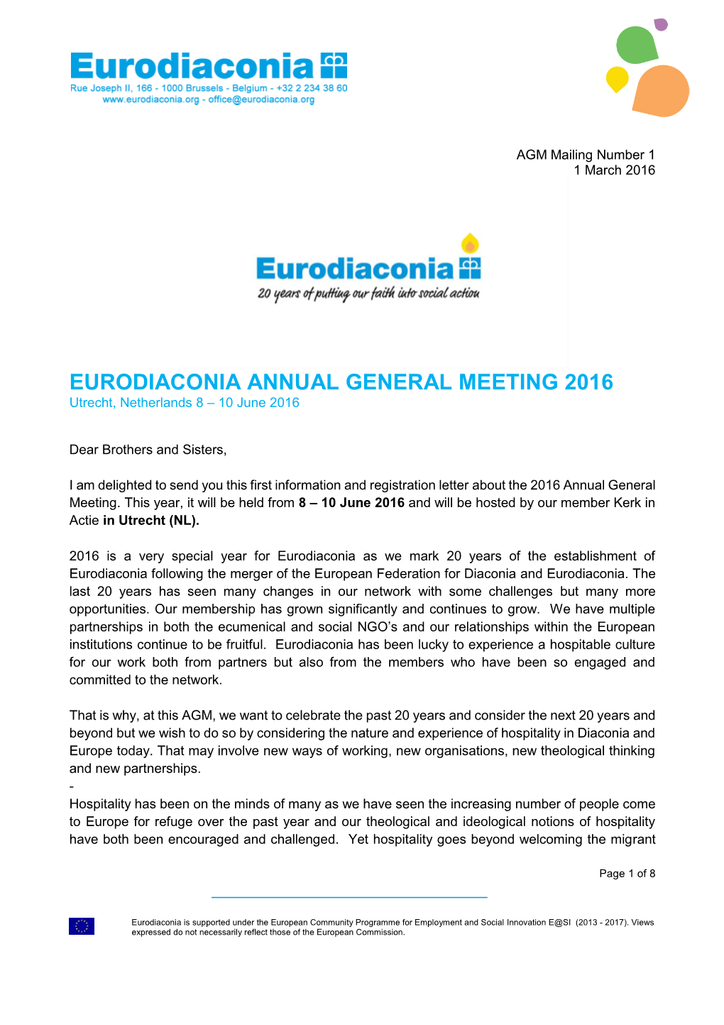 EURODIACONIA ANNUAL GENERAL MEETING 2016 Utrecht, Netherlands 8 – 10 June 2016