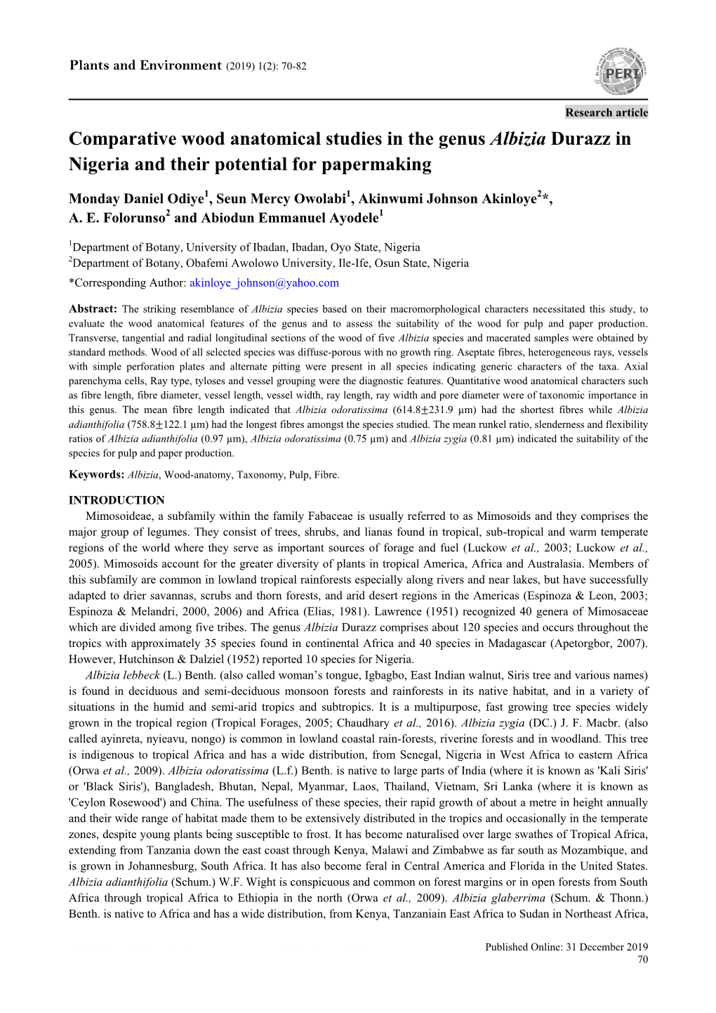 Comparative Wood Anatomical Studies in the Genus Albizia Durazz in Nigeria and Their Potential for Papermaking