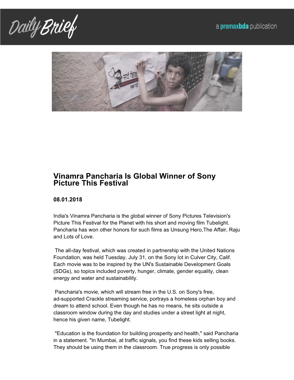 Vinamra Pancharia Is Global Winner of Sony Picture This Festival