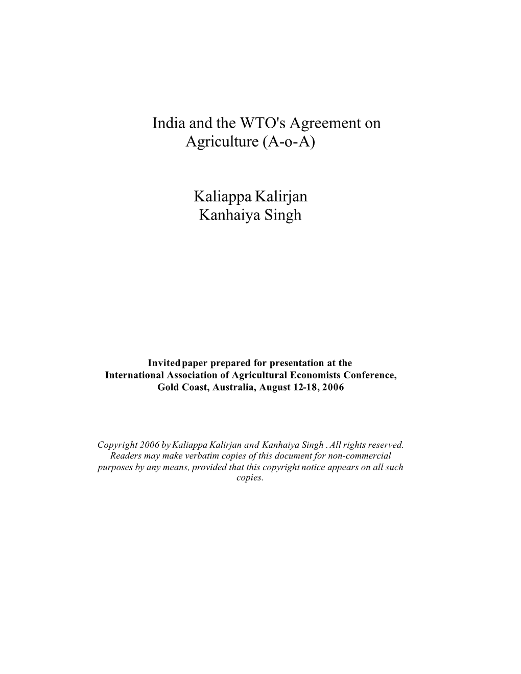 India and the WTO's Agreement on Agriculture (Aoa)