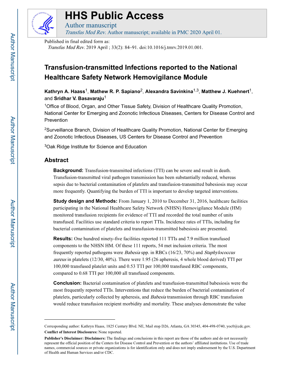 Transfusion-Transmitted Infections Reported to the National Healthcare Safety Network Hemovigilance Module