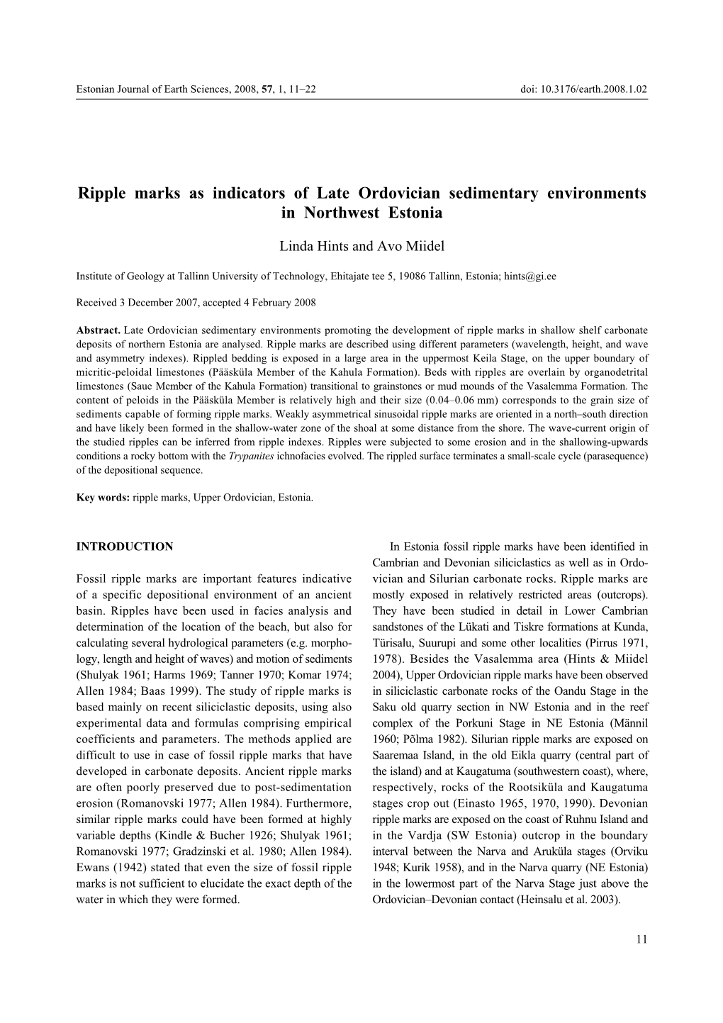 Ripple Marks As Indicators of Late Ordovician Sedimentary Environments in Northwest Estonia