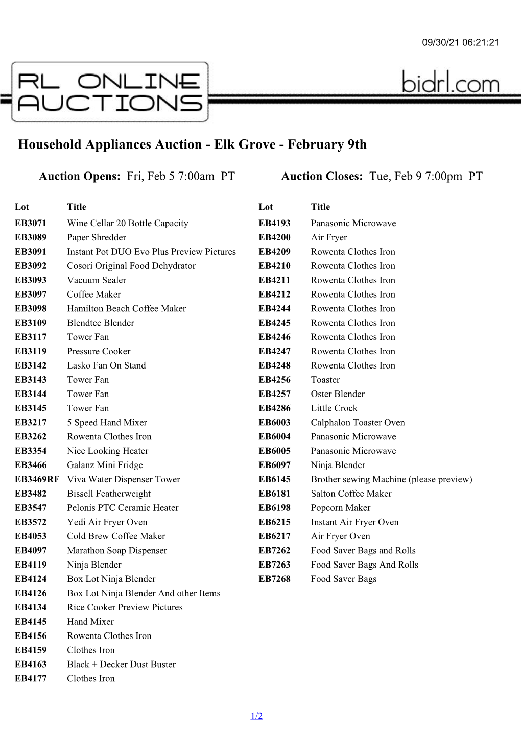 Household Appliances Auction - Elk Grove - February 9Th