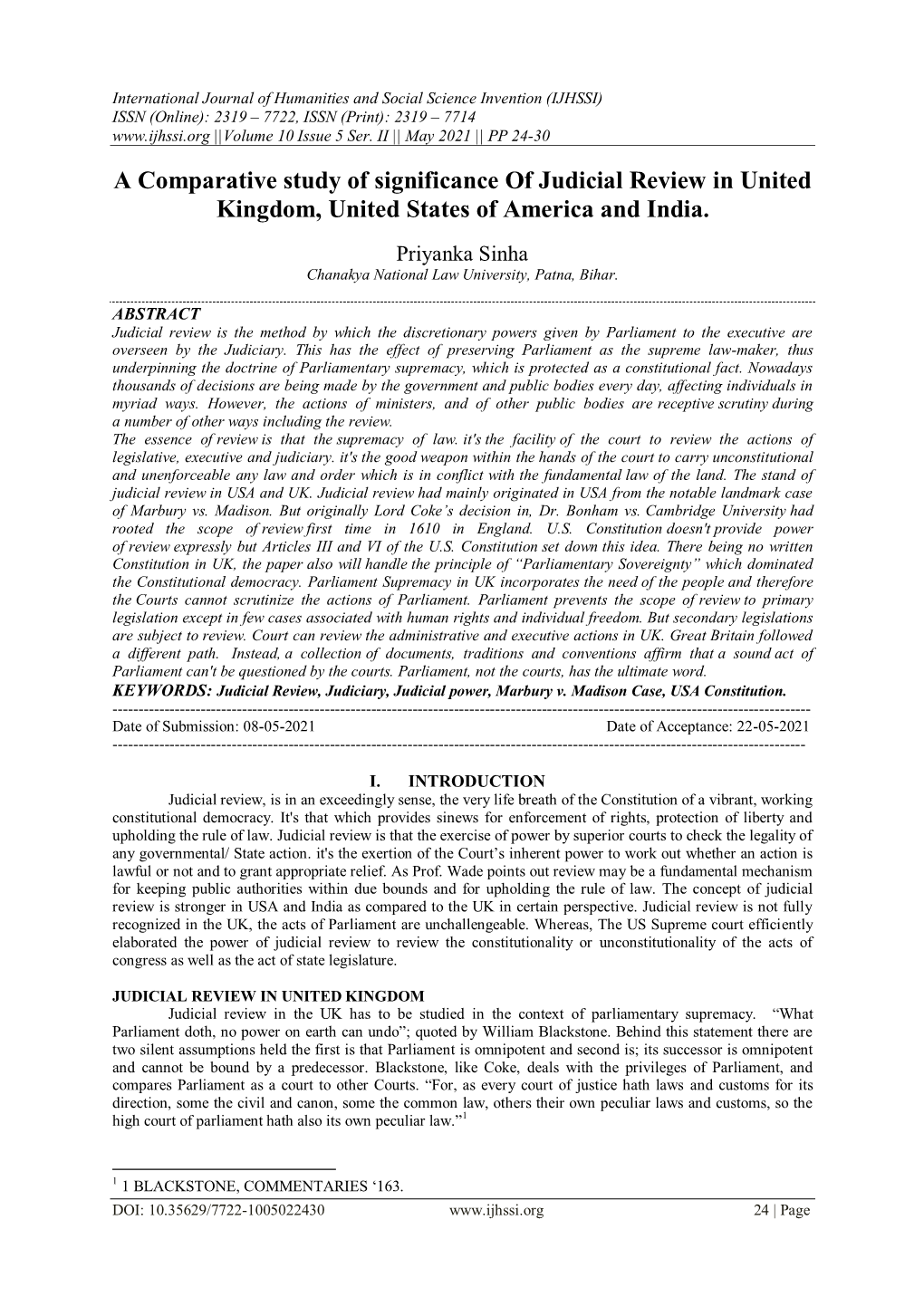 A Comparative Study of Significance of Judicial Review in United Kingdom, United States of America and India