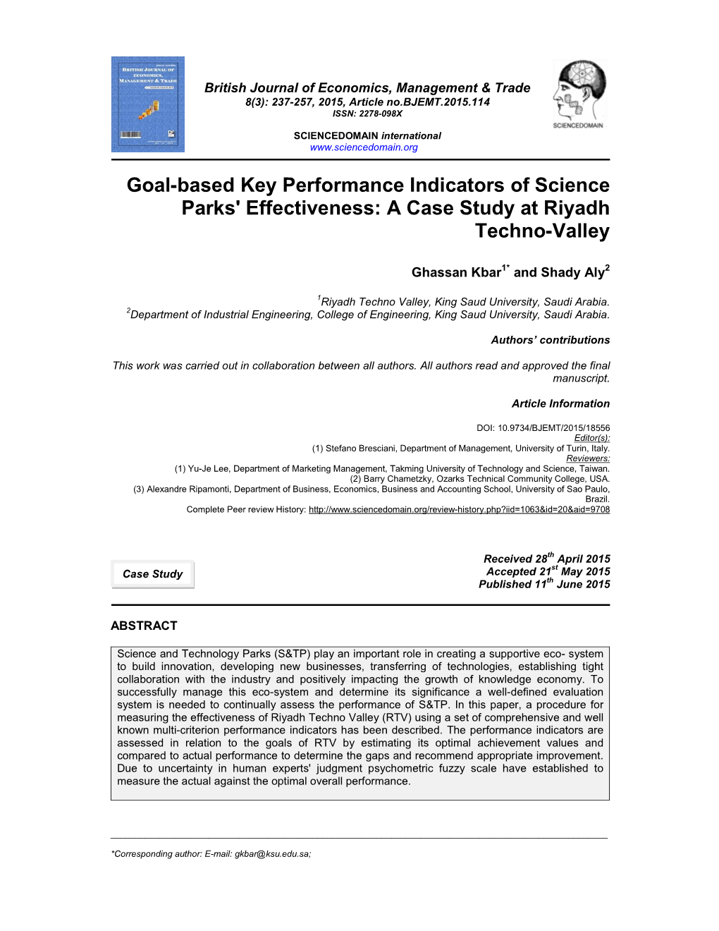 Goal-Based Key Performance Indicators of Science Parks' Effectiveness: a Case Study at Riyadh Techno-Valley