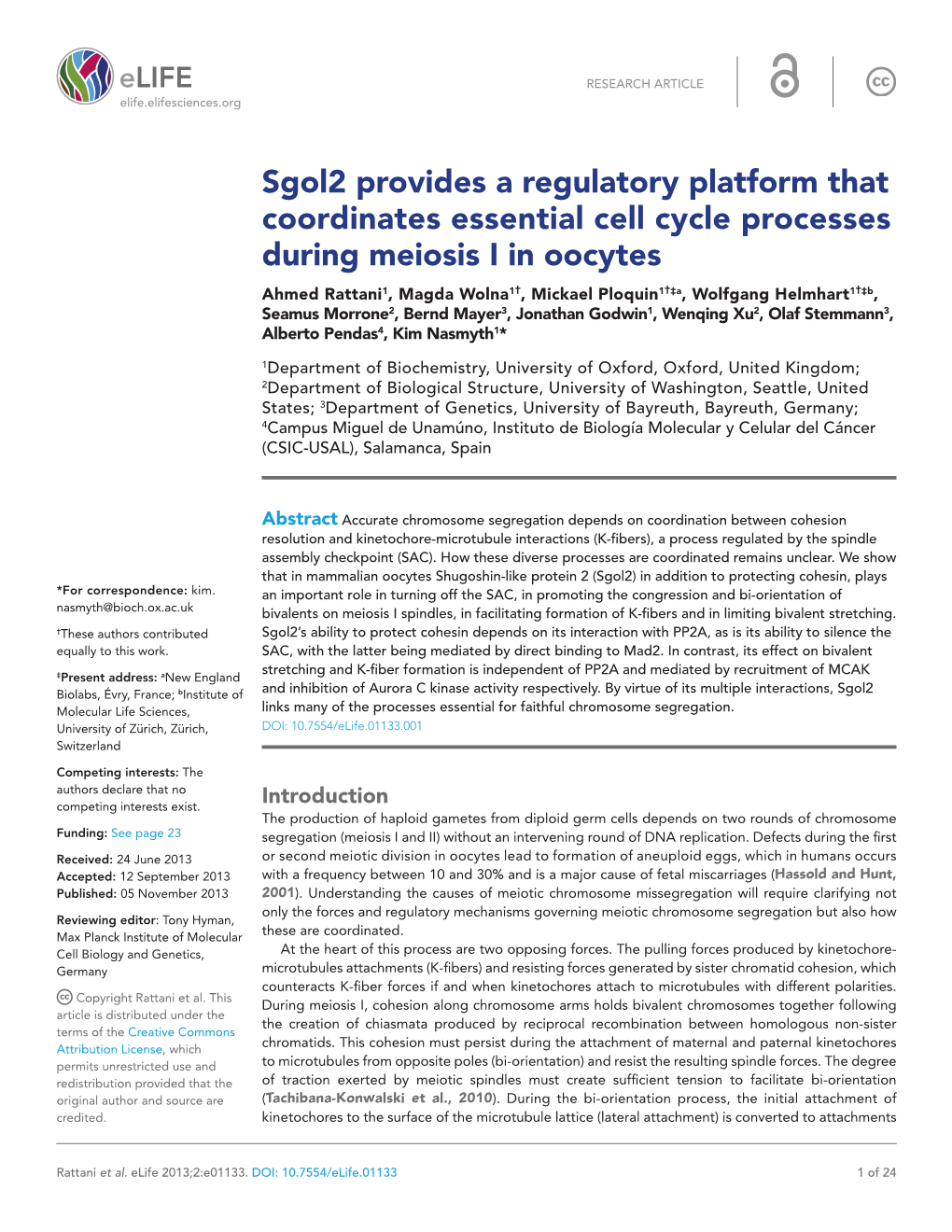 Sgol2 Provides a Regulatory Platform That Coordinates Essential Cell Cycle