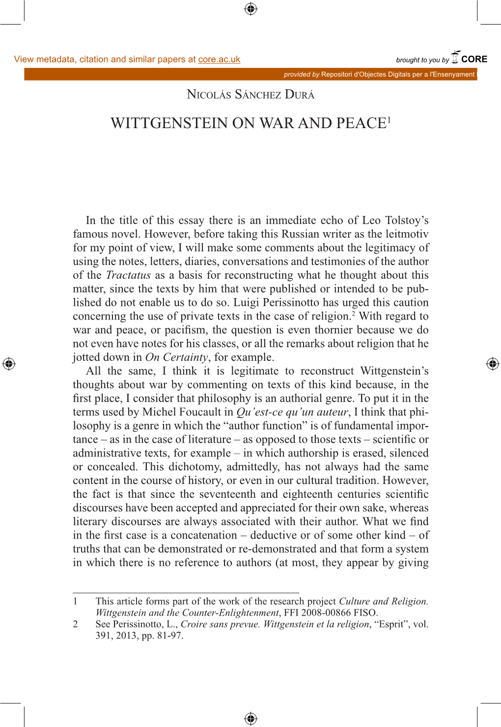 Wittgenstein on War and Peace1