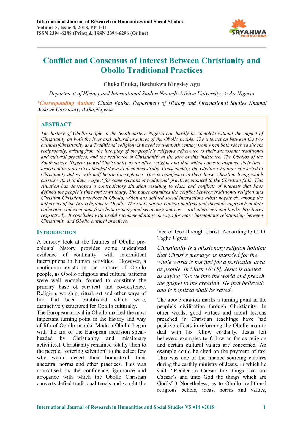 Conflict and Consensus of Interest Between Christianity and Obollo Traditional Practices