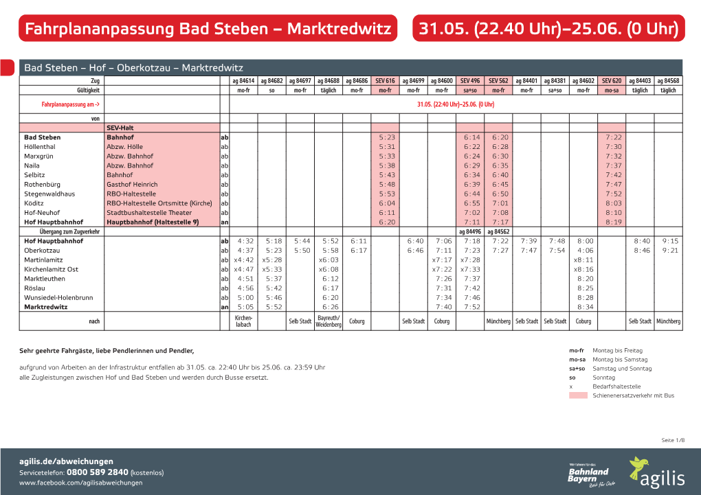 Fahrplananpassung Bad Steben – Marktredwitz 31.05. (22.40 Uhr)–25.06